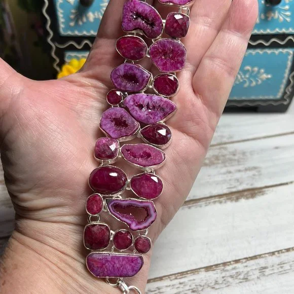 Solar Agate & Ruby Bracelet Handmade Stone Gemstone 925 Silver Large Ethnic New